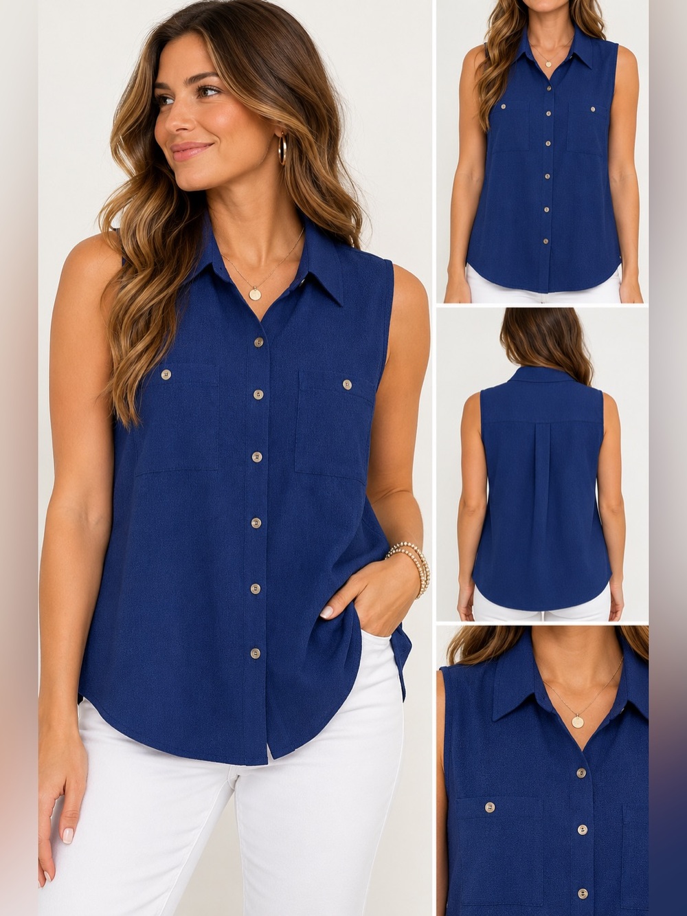 D&Co Denim + Company Navy Blue Sleeveless Button Front Blouse Women’s Large